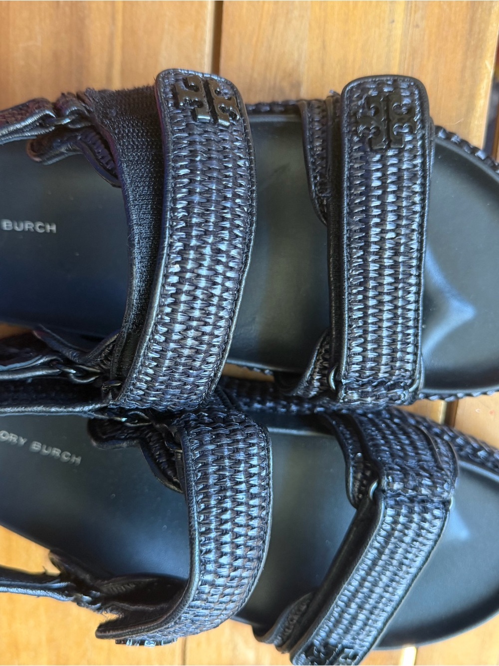 Like New Tory Burch Black Raffia Platform Sandals with Logo Detail Size 9 - Picture 3 of 6
